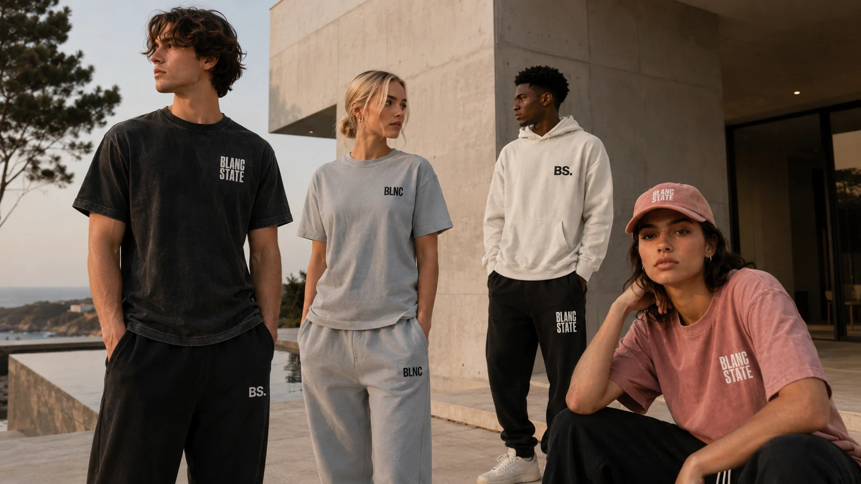 Four models wearing BLANCSTATE oversized clothing